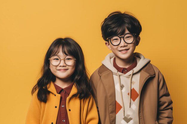 Photo adorable siblings in stylish autumn outfits and large glasses posing with playful smiles against a vibrant yellow background