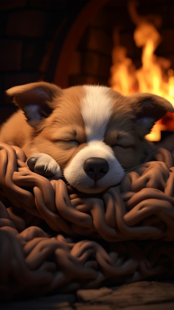 Adorable sleeping pup by warm fire