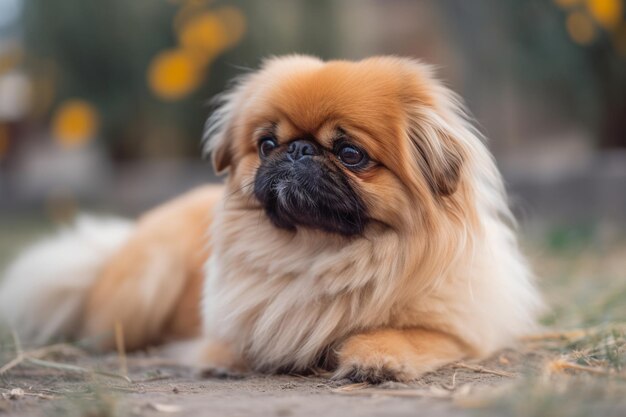 Adorable small fluffy ginger pekingese dog with a long body playing outside