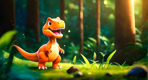 Adorable smiling baby trex in a forest in 3d animation style
