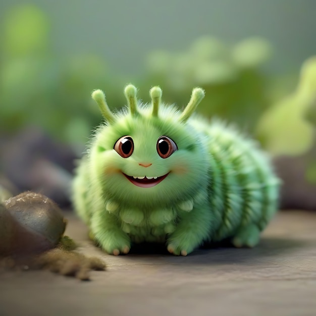 Photo adorable smiling green soft baby caterpillar ai