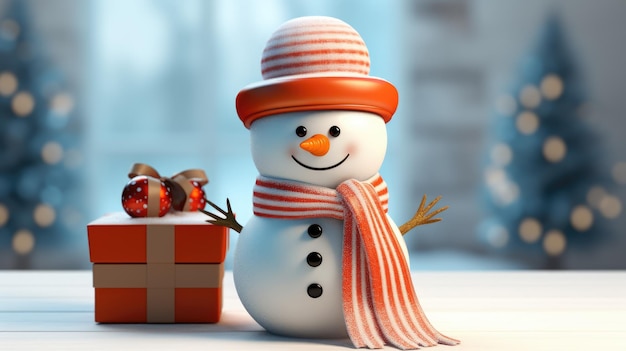 An adorable snowman wearing a top hat and a colorful scarf to commemorate Christmas