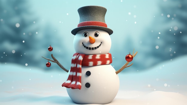 An adorable snowman wearing a top hat and a colorful scarf to commemorate Christmas