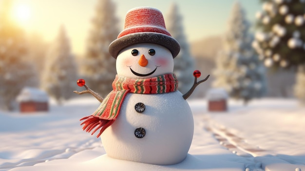 An adorable snowman wearing a top hat and a colorful scarf to commemorate christmas