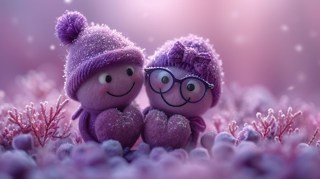 Adorable Snowy Figurines in Winter Hats Amidst Frosty Plants Perfect for Holiday and Winter Themes