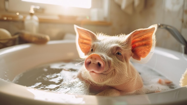 Adorable spa pig cute and pampered pig enjoying relaxing spa treatments a charming and delightful scene of animal wellness and indulgence perfect for showcasing relaxation and cuteness