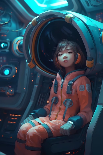 Adorable spacepunk adventure chibi anime girl in a futuristic cockpit