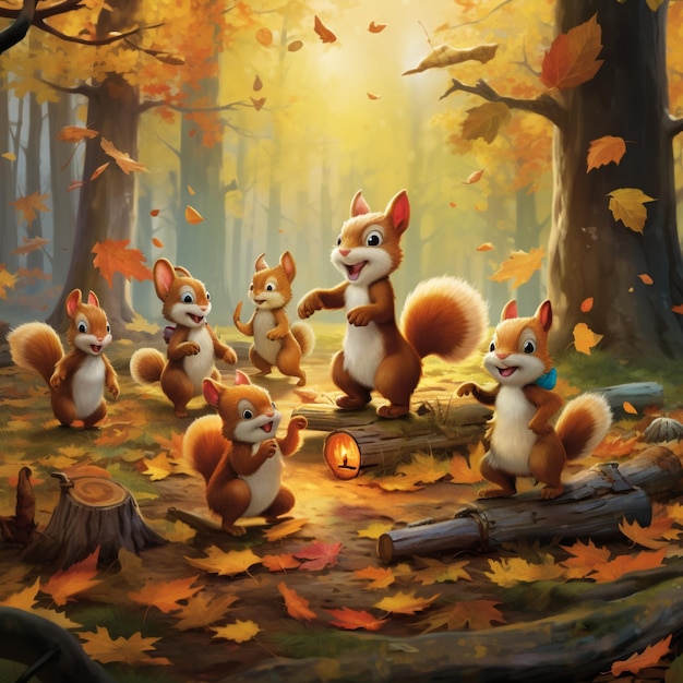 Adorable Squirrels Playing with Autumn Leaves in Whimsical Forest