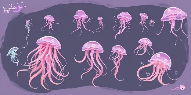 Adorable stylized jellyfish a cartoon alien character collection