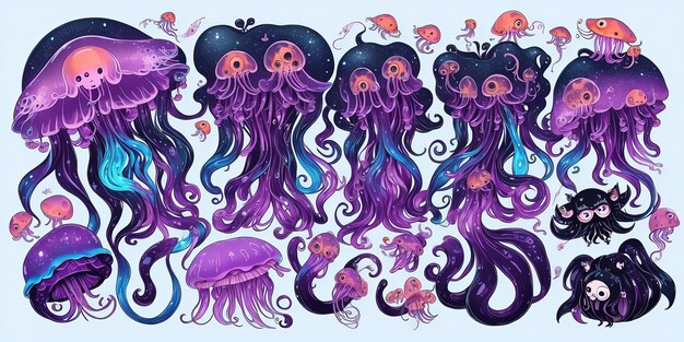 Adorable stylized jellyfish a cartoon alien character collection