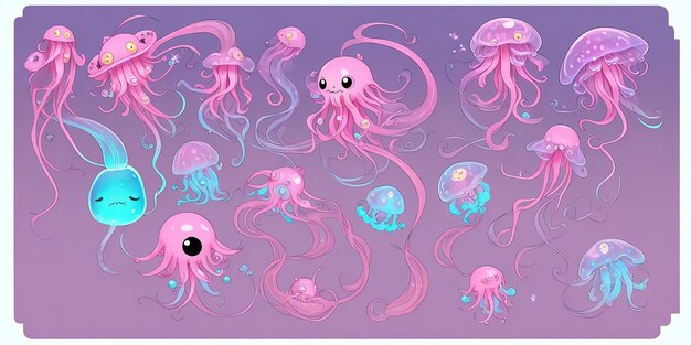 Adorable stylized jellyfish a cartoon alien character collection