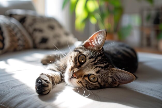 ライトルームの居心地の良いソファに座っている可愛いタビー猫