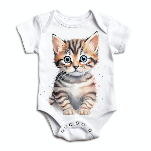 Adorable Tabby Kitten in a Baby Onesie with Little Paw Prints watercolor style illustration for