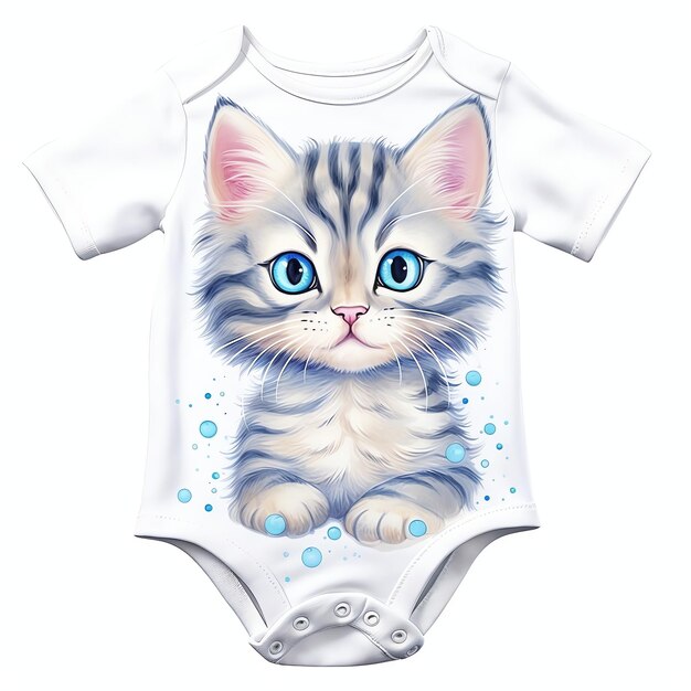 Photo adorable tabby kitten in a baby onesie with little paw prints watercolor style illustration for