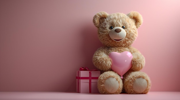 Photo adorable teddy bear holding a pink heart gift box on the side perfect for valentines birthdays