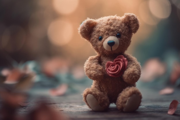 Adorable Teddy Bear in Love Holding a Bouquet on HeartShaped Background for Valentine's Card Generative AI