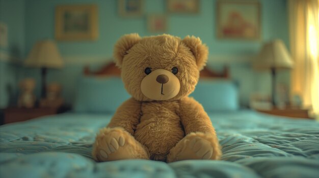 아늑한 파란색 침실에 있는 침대에 앉아 있는 사랑스러운 테디 베어
