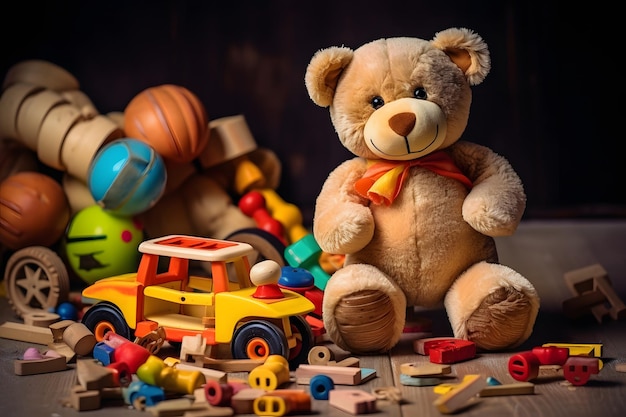Очаровательный плюшевый медведь, окруженный красочными игрушками в игровой день