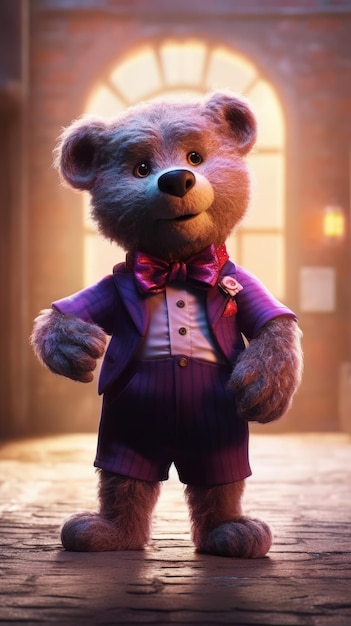 Adorable Teddy Bear with Big Blue Eyes and a Purple Bowtie in Unreal Engine Style Generative AI