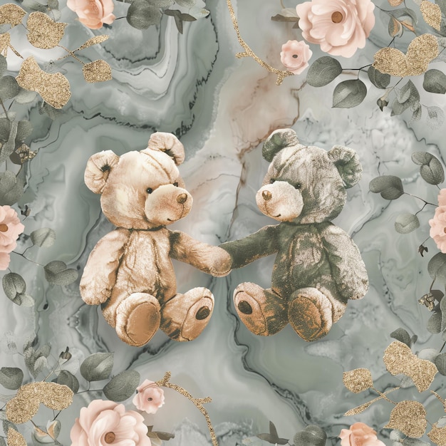 Adorable Teddy Bears Holding Hands flower pattern marble