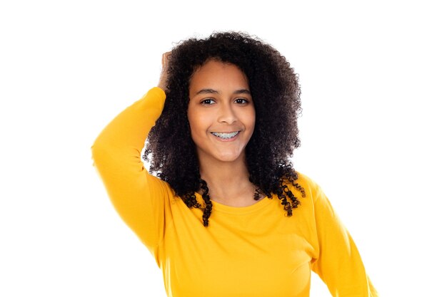 Photo adorable teenage doing gestures isolated on a white wall