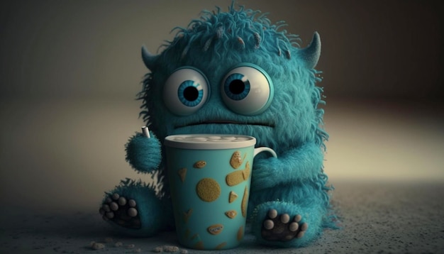 Adorable Thirsty Monster Holding a Delicious Cup Generative Ai