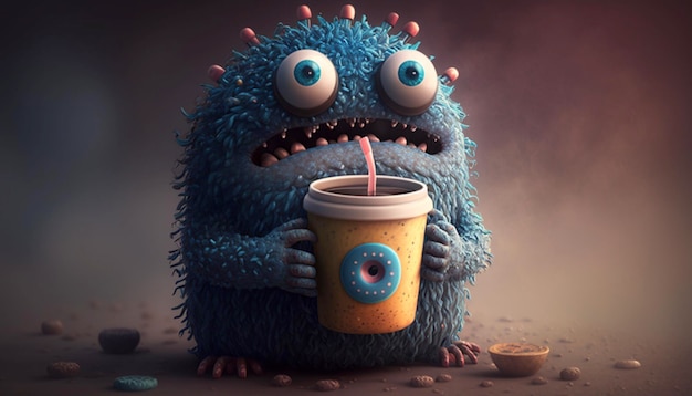 Adorable Thirsty Monster Holding a Delicious Cup Generative Ai