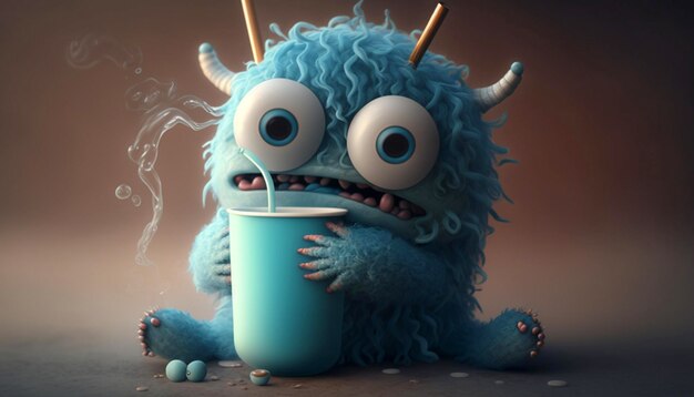 Adorable Thirsty Monster Holding a Delicious Cup Generative Ai