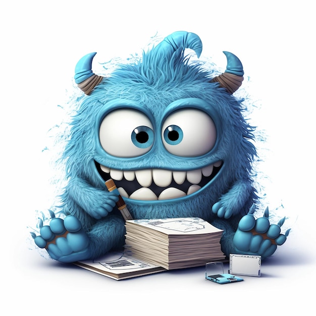 Adorable tiny blue monster with fluffy fur enjoying a feast of money