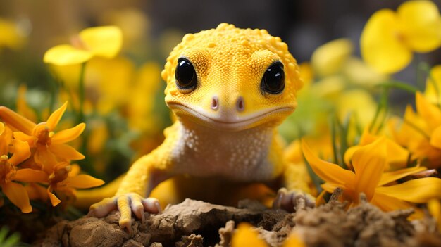 Photo adorable tiny yellow gecko on a yellow background