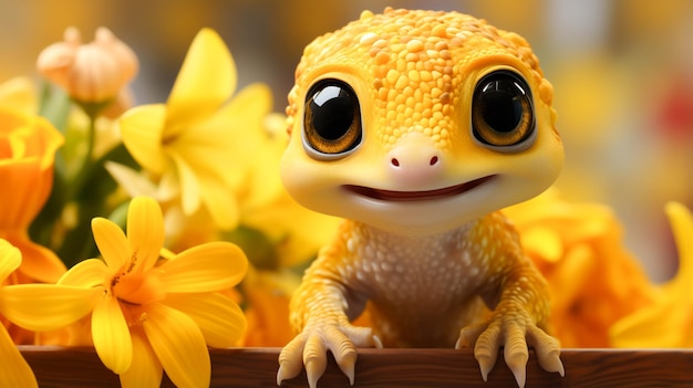 Adorable tiny yellow gecko on a yellow background