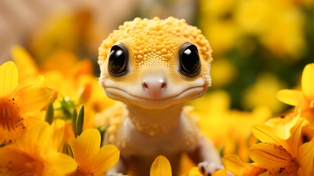 Adorable tiny yellow gecko on a yellow background