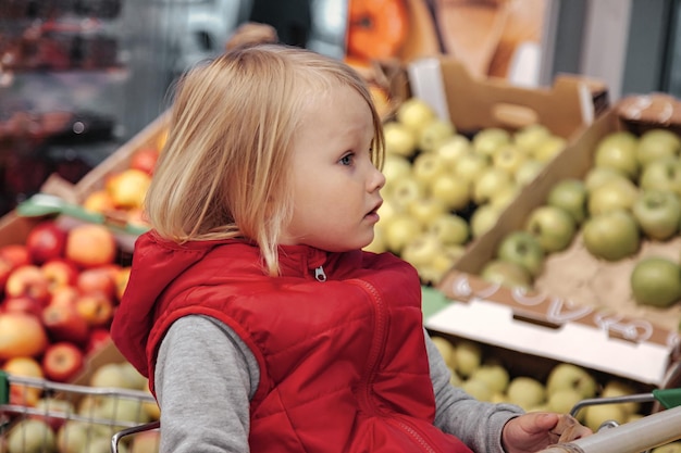 Adorable toddler girl sitting in shopping cart in food fruit store or supermarket. Portrait little cute kid going shopping and buying fresh fruits and vegetables. Healthy food for kids concept