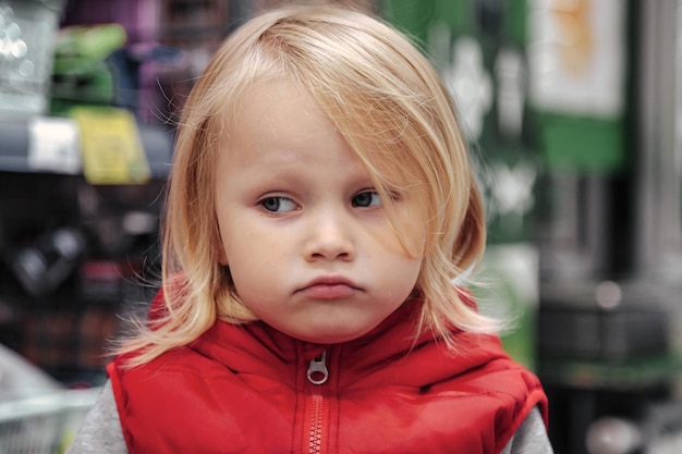 Adorable toddler girl sitting in shopping cart in store or supermarket. Portrait little cute kid going shopping and buying goods on a store shelf