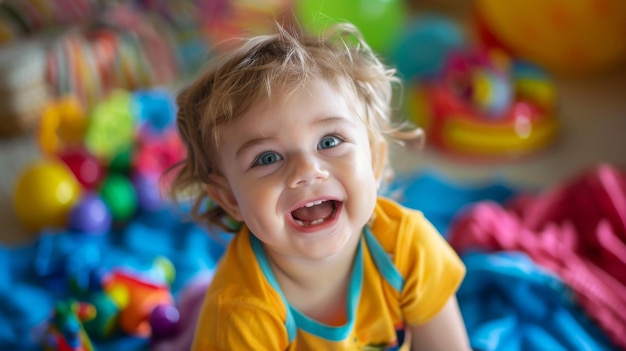 Photo adorable toddler with toys an adorable caucasian toddler plays happily with colorful toys their fair complexion glowing with excitement