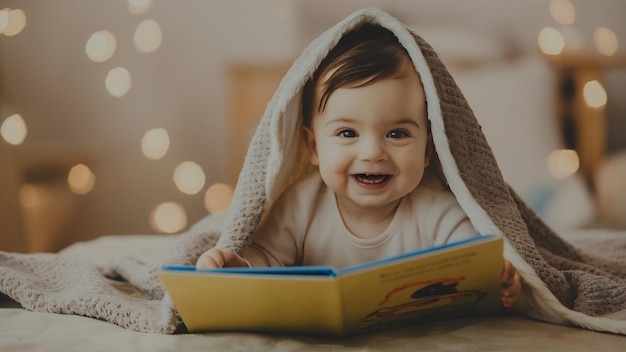 Adorable toddler wrapped up in reading