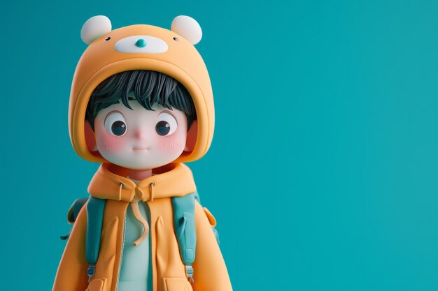 Adorable toy character in yellow raincoat against a teal background with copy space