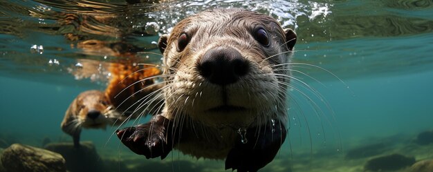 Photo adorable video of a baby otter learning swim background