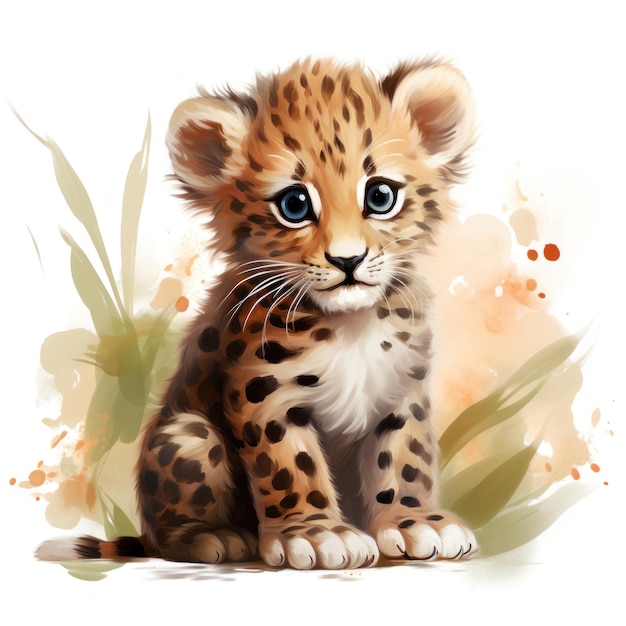 Adorable Watercolor Baby Leopard Clipart on White Background AI Generated