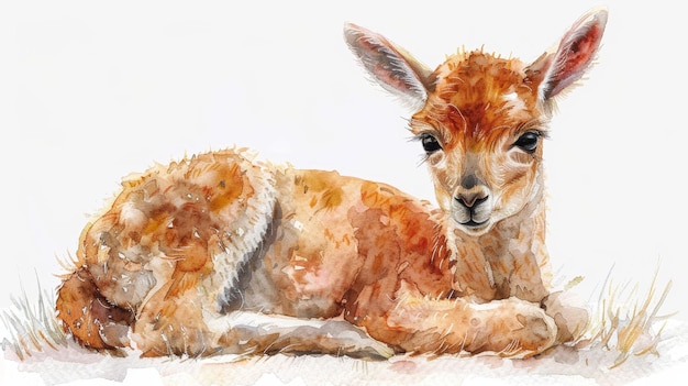 Photo adorable watercolor illustration of a baby llama generative ai