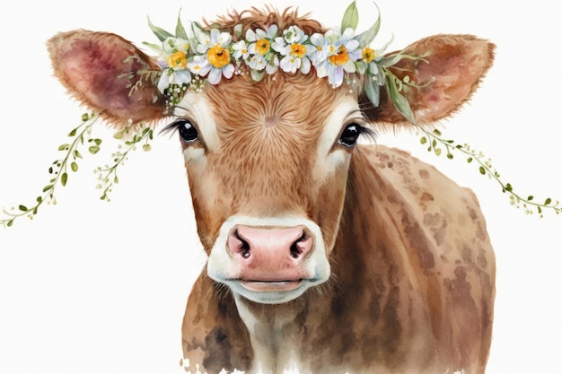 Adorable Watercolor Illustration of a Brown Cow Wearing a Flower Crown