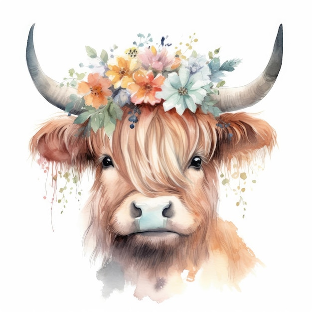 Adorable Watercolor Illustration of a Highland Cow Wearing a Flower Crown