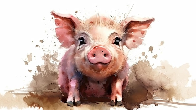 Adorable Watercolor Illustration of a Playful Pig