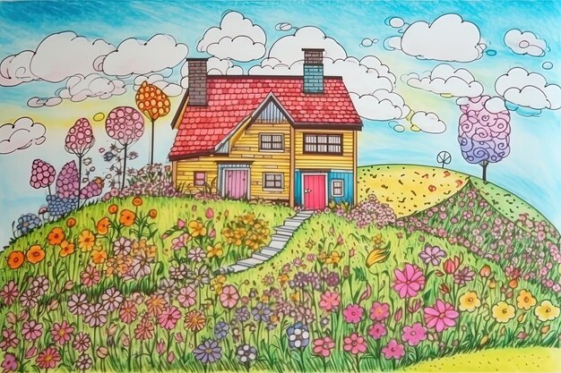 Adorable watercolor painting house in the field with flowers and trees Pencil drawing