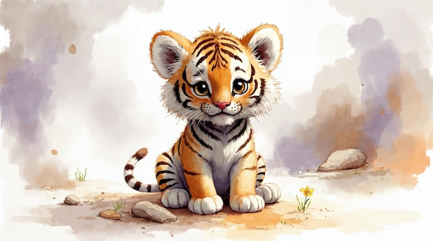 adorable watercolor tiger cub sitting