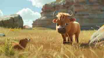 Photo an adorable white buffalo calf is traveling with a cute prairie dog through the grass in search of his herd