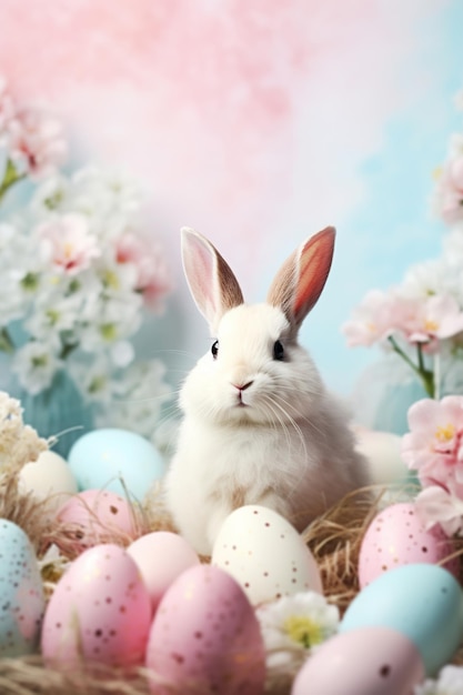 Adorable white bunny sits amidst pastelcolored Easter eggs and blossoming flowers with dreamy blue and pink backdrop perfect for seasonal marketing holiday cards festive decoration Generative AI