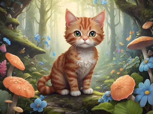 Adorable White Cat in Enchanting Forest Wonderland Generative AI