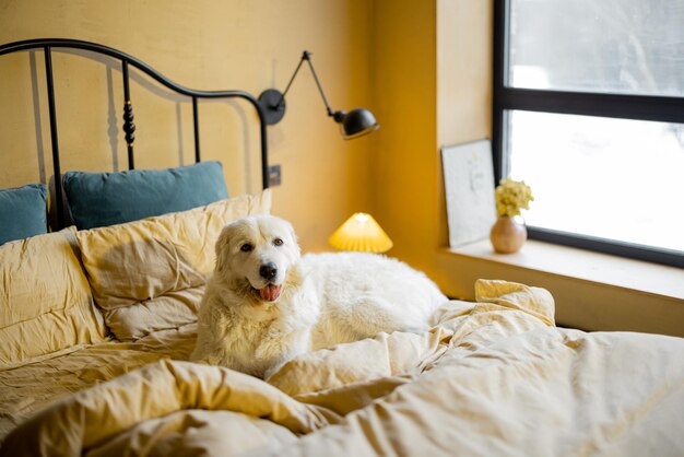 Adorable white dog lying on bed