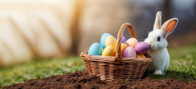 Adorable white easter bunny and wicker basket with colorful easter eggs in the middle of nature
